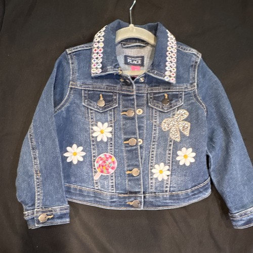 The Children's Place Girls 3T Blue Denim Button Jacket Floral Rhinestone