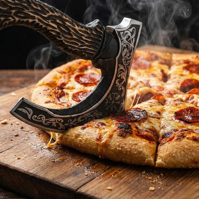 #ad Viking Pizza Cutter Axe Carbon Steel Etched Blade Ash Wood Handle Leather Sheath $55.33