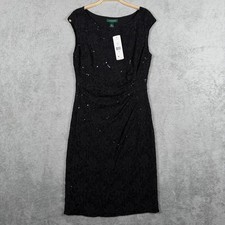 Lauren Ralph Lauren Dress Womens 10 Black Floral Sequin Lace Sleeveless Cocktail