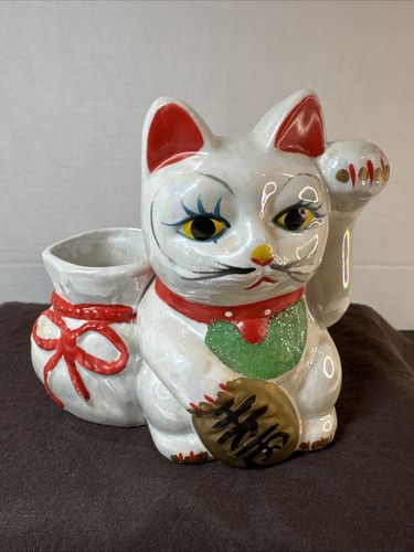 Maneki-neko Lucky Cat Ceramic Planter Left Paw Raised Attract Customers Business