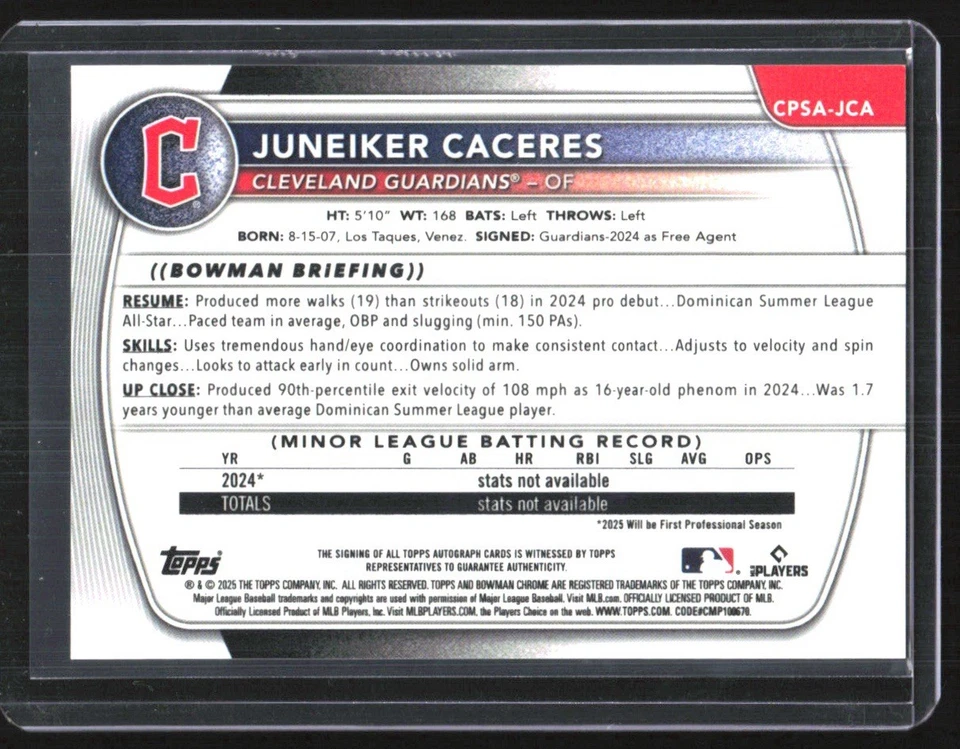 Bowman 2025 cromo zafiro 1st Juneiker Cáceres automático naranja/25 guardianes Foto 2 de 2