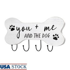 Wood Metal Pet Wall Plaque Bone Shape W/ 4 Hooks Dog Accessories Organizer New