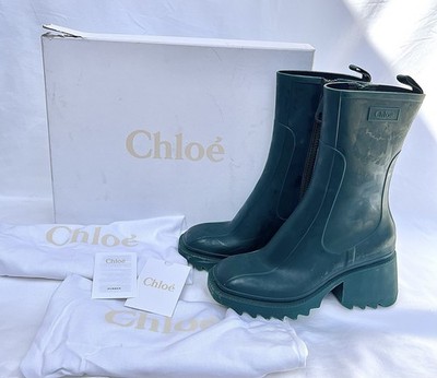 Chloe Betty Dark Emerald Green Rubber Heel Rain Boots Women s Size 39 US 8