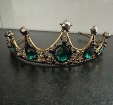 Gold Queen Crown with Green and Black Gemstones Costume Accessory