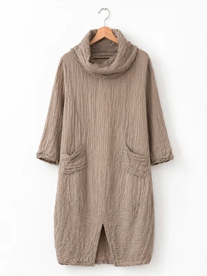 Vestido GRIZAS Lagenlook Lino Seda Arrugado Talla L Taupe Capucha Cuello Bolsillos - Imagen 1 de 4