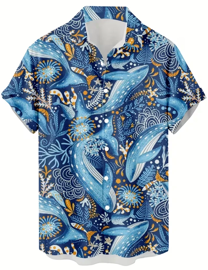 Retro Ocean Whale Pattern Short Sleeve Hawaiian Shirts Unisex S-5XL