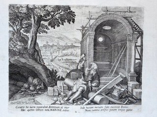 Saint Marinus as stonemason Raphael Sadeler copperplate around 1600