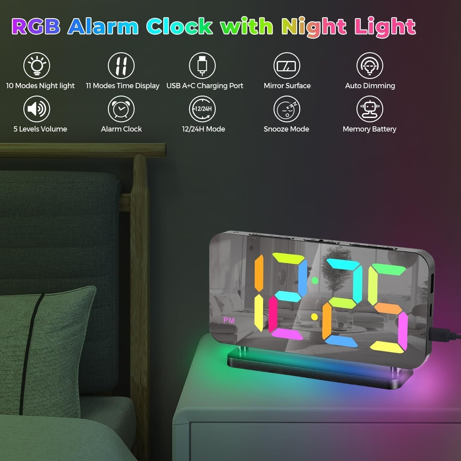 RGB Digital Alarm Clock,7" LED Desk Clock with Night Light ,Acrylic Mirror Clock