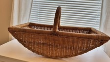 VTG Handmade Farmhouse Gathering Basket Wicker Rattan Handle Lattice work Woven