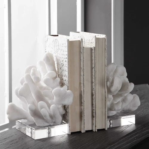 UTTERMOST 17549 CHARBEL SET OF 2 FAUX WHITE CORAL BOOKENDS ON CRYSTAL BASES - Picture 1 of 6