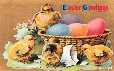 Antique Easter Card Chicks Wicker Basket Egg Hunt Victorian Vtg Postcard D6