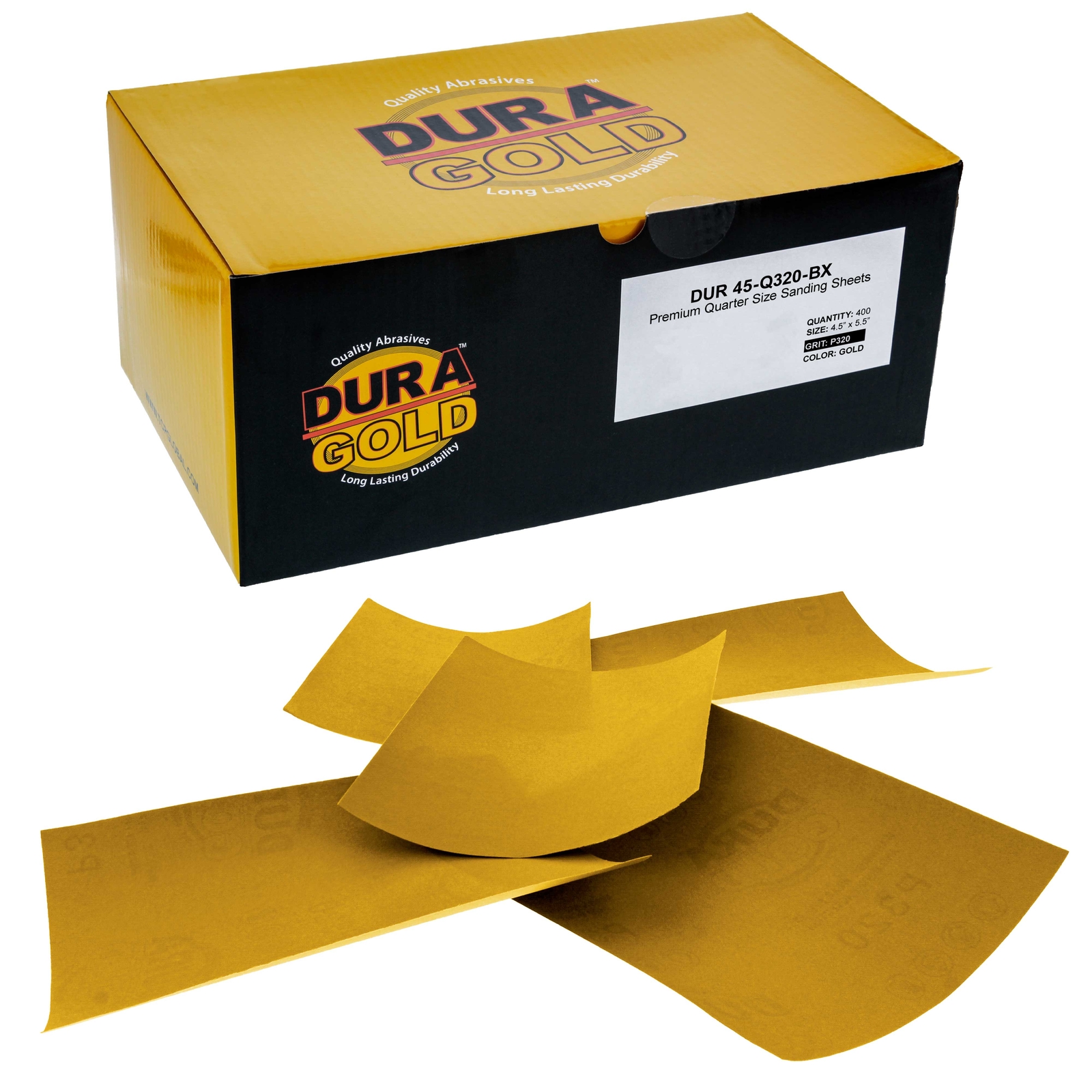 Dura-Gold 320 Grit Gold - 1/4 Sheet Plain Backing Sandpaper 5.5" x 4.5" - 400pk