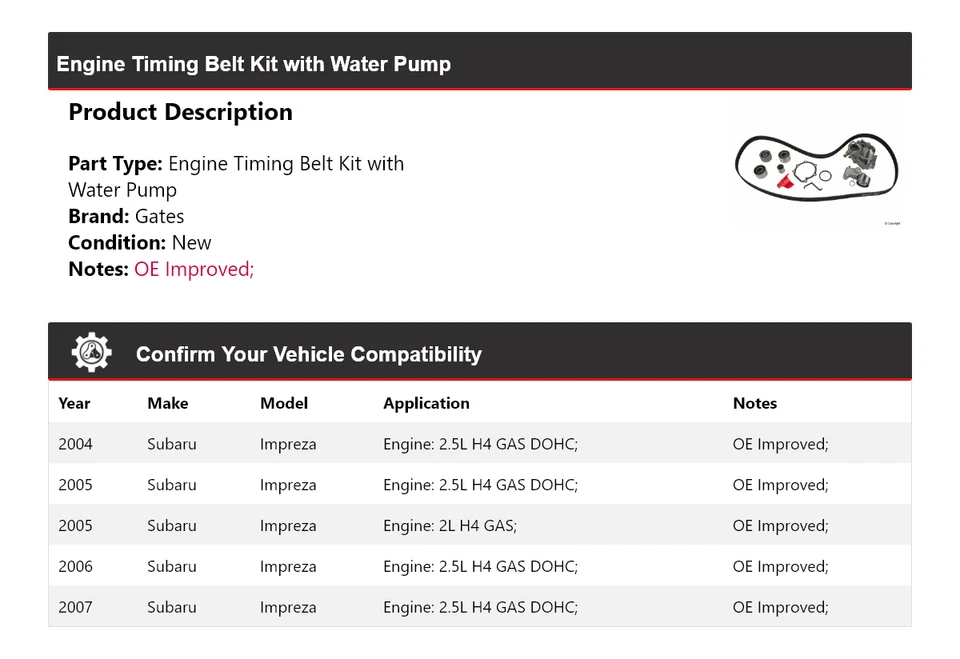 Kit de correa de distribución del motor Subaru Impreza 2004-2007 con puertas de bomba de agua 2005 Foto 2 de 4