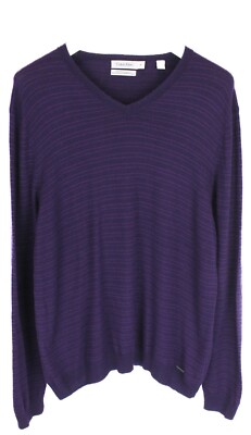 Calvin Klein Extra Fine Merino Pullover Herren Groß Gestreift V-Neck Logo Lila