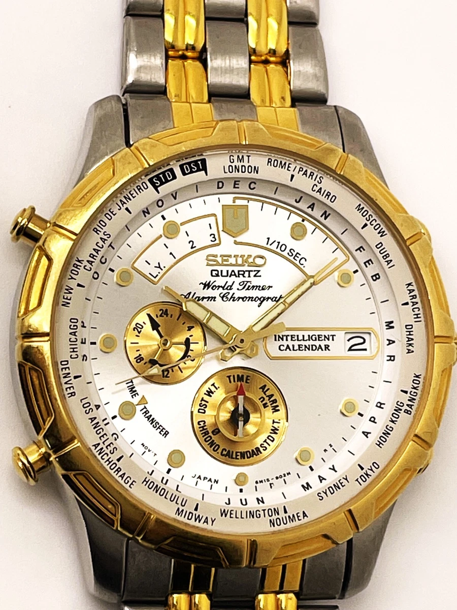 SEIKO MEN S 6M15 9028 NOT WORKING INTELLIGENT CALENDAR WORLD TIMER WATCH SJC056