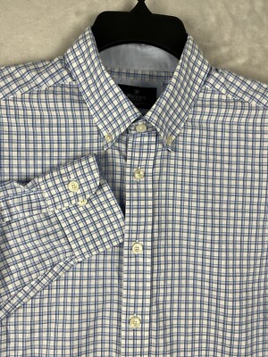 HACKETT London Men's Shirt  Large Check Blue Slim Fit Poplin Back Yoke HM304444
