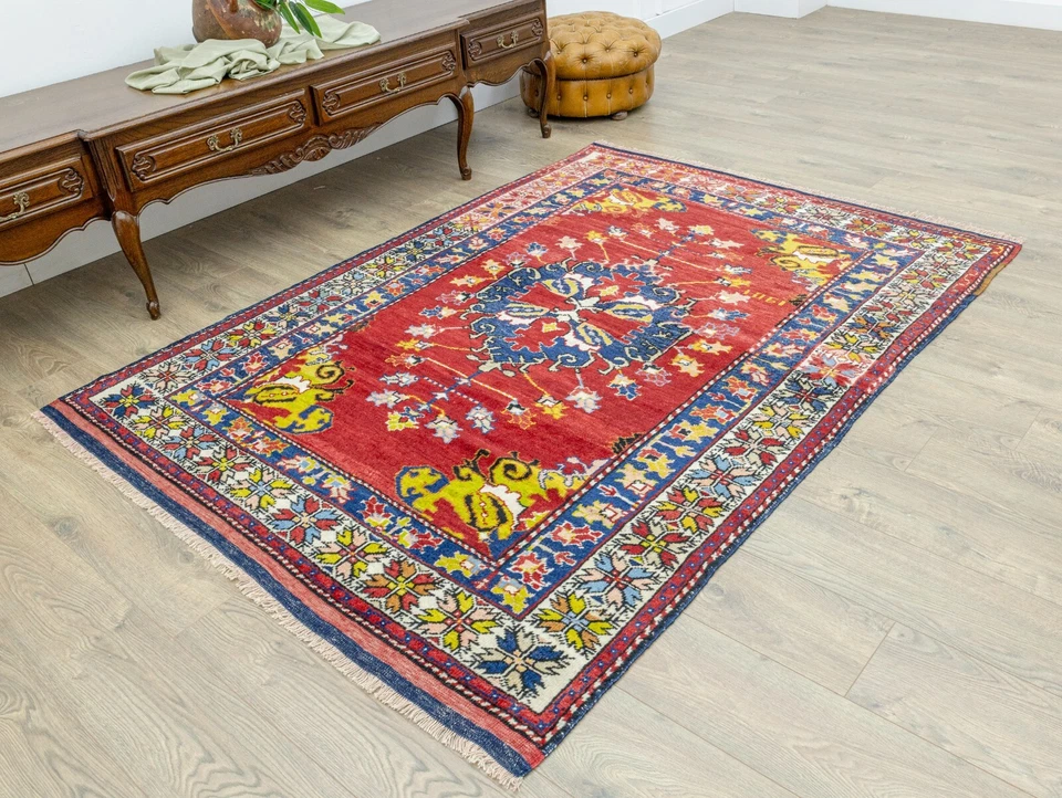 Cranberry Dazkiri Turkish Rug 5.1x7.1 ft – Cobalt Medallion – Vintage Wool Decor - Image 2 of 4