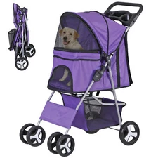 4 Wheels Folding Pet Stroller Puppy Stroller Up to 33lbs Weight Capacity Purple 