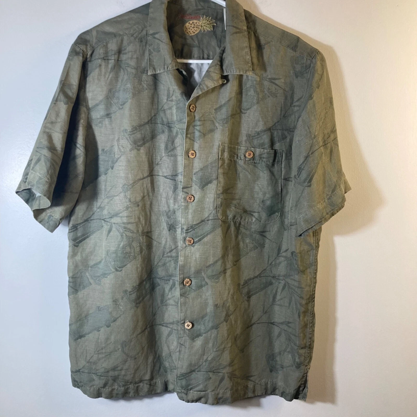 Mens Caribbean Silk Linen Hawaiian Tropical Floral Short Sleeve Button Shirt Gre