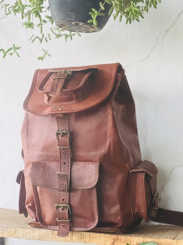 Leather Comman Bag Rucksack Laptop Vintage Genuine Brown Goat Travel Men's New - Picture 6 of 7