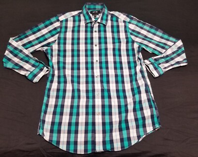 Apt 9 Button Shirt Mens 16 32/33 Blue Green Plaid Stretch Slim Fit Casual Large