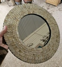 Gorgeous 14" Faux? Mother Of Pearl 1/2" Buttons Black Lacquer Wood Round Mirror