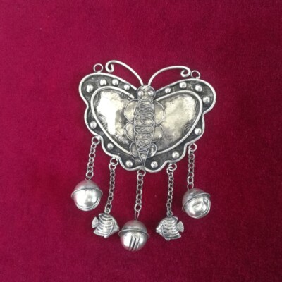 Big retro pure handmade miao silver DIY embed bell butterfly necklace pendant