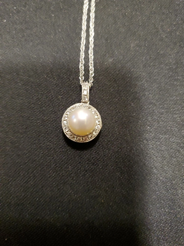 Пресноводный культивированный жемчуг, белый сапфир, белое золото 14 карат, цепочка из чистого серебра - Изображение 2 из 3