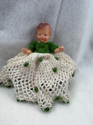 German Bisque Doll, 5.5' in Beautiful Green Hand Crocheted Dress