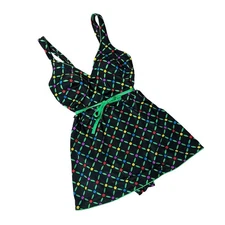 Vintage Swimsuit Dress Floral 1980s Gabar Size 14 Belted Black Green Flowers USA