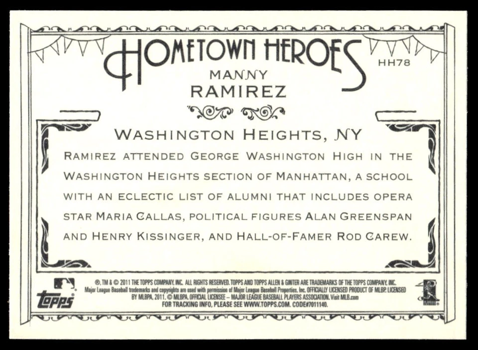 2011 Topps Allen & Ginter Hometown Heroes Manny Ramirez #HH78 Tampa Bay Rays - Image 2 of 2