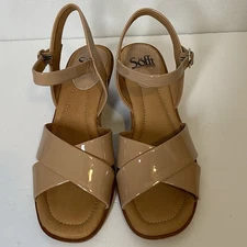 Sofft Gabella Wedge Sandals Sz 7.5 Beige Patent Leather Open Toe Ankle Strap