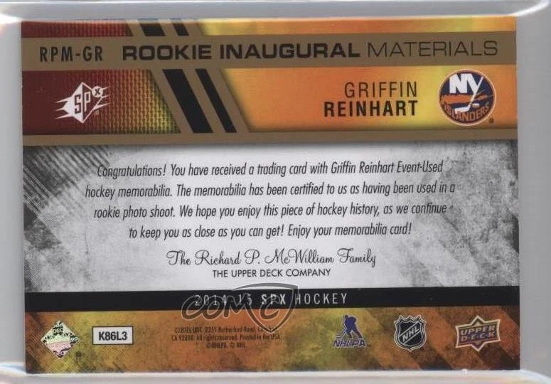 2014-15 SPx Rookie Inaugural Materials /99 Griffin Reinhart #RPM-GR Patch RC - Image 2 of 2