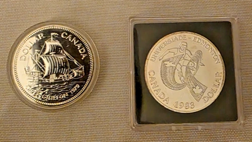 1979 Griffon & 1983 Edmonton University Canada Silver Dollars BU Sealed in Cases