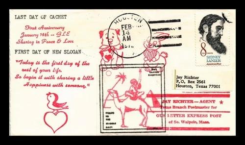 US COVER VALENTINES DAY GUS LETTER EXPRESS POST DUAL CANCEL NEW SLOGAN FIRST DAY