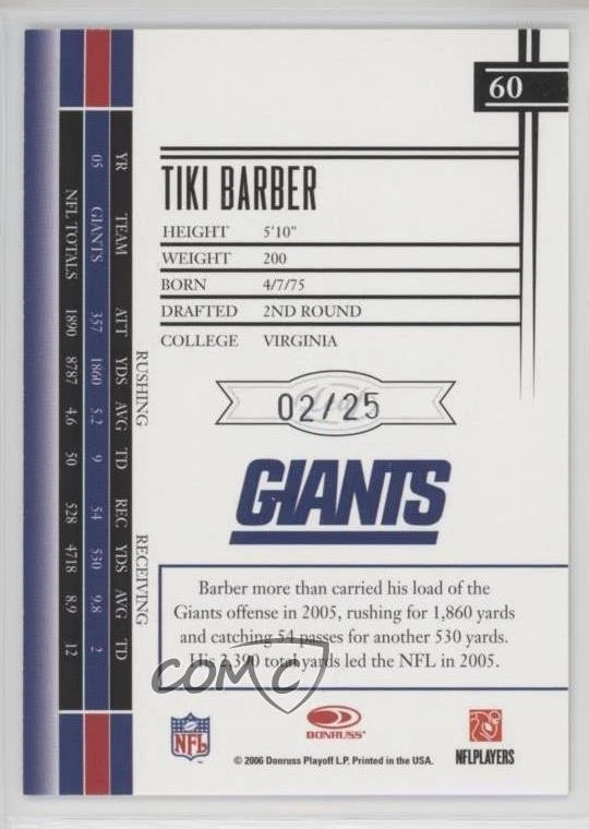 2006 Leaf Limited Silver Spotlight /25 Tiki Barber #60 - Image 2 of 2