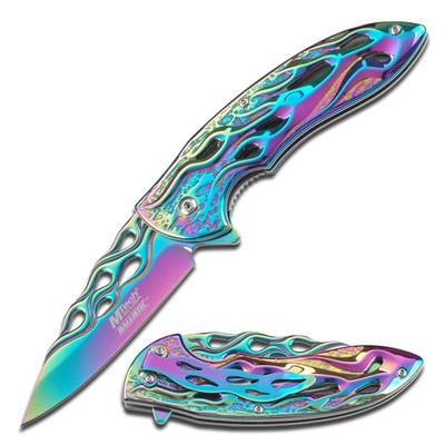 MT-A822RB Spring Assist Folding Knife, Rainbow Blade, Rainbow Flame Handle, 4...