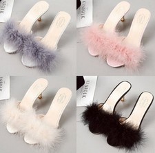 Women High Heel Slippers Fluffy Fur Peep Toe Party Shoes Sandals Mules Slingback