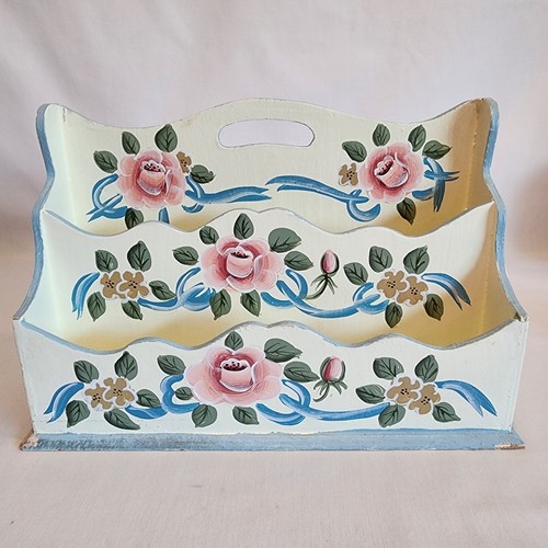Vintage Hand Painted Wooden 3 Tier Desk Organizer Mail Sorter Pink Roses Blue