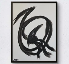 Crow Energy  Original Acrylic Painting 9X12 on Paper Black & White  Abstract