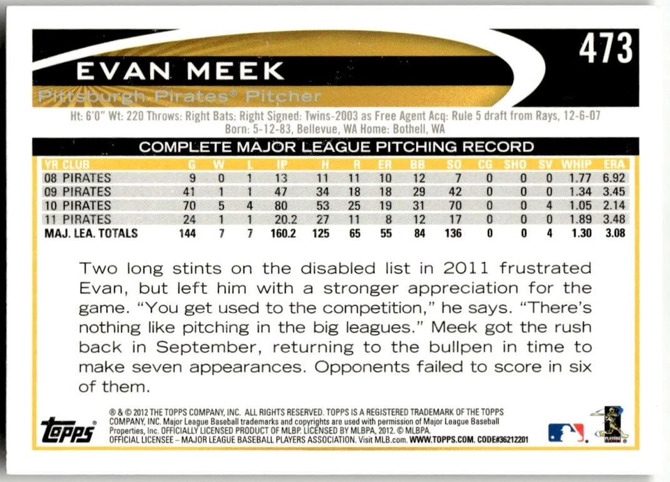 2012 Topps #473 Evan Meek Gold Sparkle - Image 2 of 2