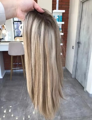 100% Human Hair Ash Brown Light Blonde Highlights 13x4 Lace Front Wig for Women