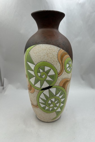 Mod Orange Green Abstract Retro Enamel Speckled Pottery Vase Signed 9" Marked