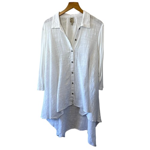 XCVI Gauzy Handkerchief Hem Collared Button Up Long Sleeve Boho Tunic White Smal