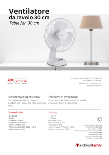 Ventilatore da Tavolo 30 cm Melchioni Family MF2403T30 Silenzioso Oscillante 220 - Foto 2 di 9