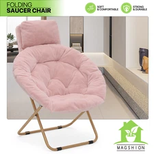 Foldable Modern Cozy Saucer Lounge Chair Faux Fur Moon Seat w/Removable Headrest