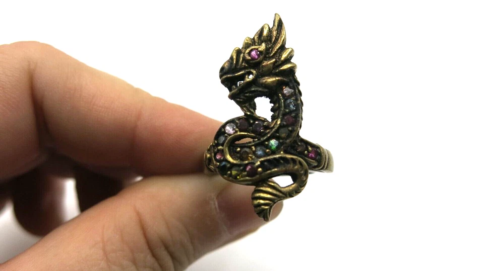 Anillo Dragón Naga Vintage - Piedras Preciosas Multicolores - Anillo Latón Ajustable Talla 9 Foto 2 de 4