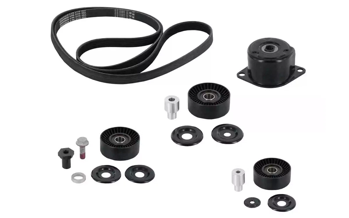 A 1999-2008 manual Porsche 911 Idler pulley and serpentine belt kit, displayed on a white background.
