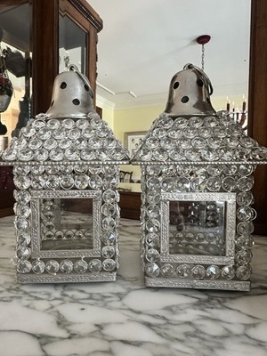 Pair Crystal Beaded Silver Metal Lanterns 11'' Tea Light Candle Holders Ornate