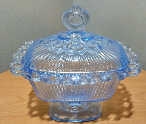 Vintage Indiana Glass Sky Blue Pedestal Lidded Compote Candy Dish Lace Edge